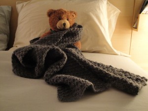 Teddy bear modeling gray scarf