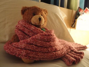 Teddy bear modeling pink ribbed scarf
